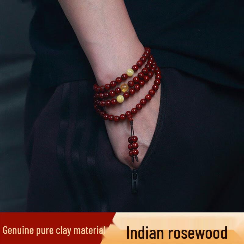 Unisex Red Sandalwood & Amber Bracelet with 108 Beads - Indian Small Leaf Design, Pure Clay, Buddhist Style for Couples