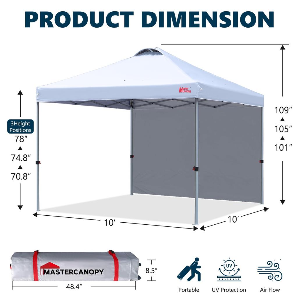 MASTERCANOPY Tarp Set of 1 Side Steel Water UV Outdoor Use Weight Bag One-Touch Tent, Sheet, 2M/2.5M/3M, 3-Level Adjustment, Frame, Wind-Resistant