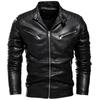 Winter Black Leather Jacket Men Fur Lined Warm Motorcycle Jacket Slim Street Fashion BLack Biker Coat Pleated Design Zipper