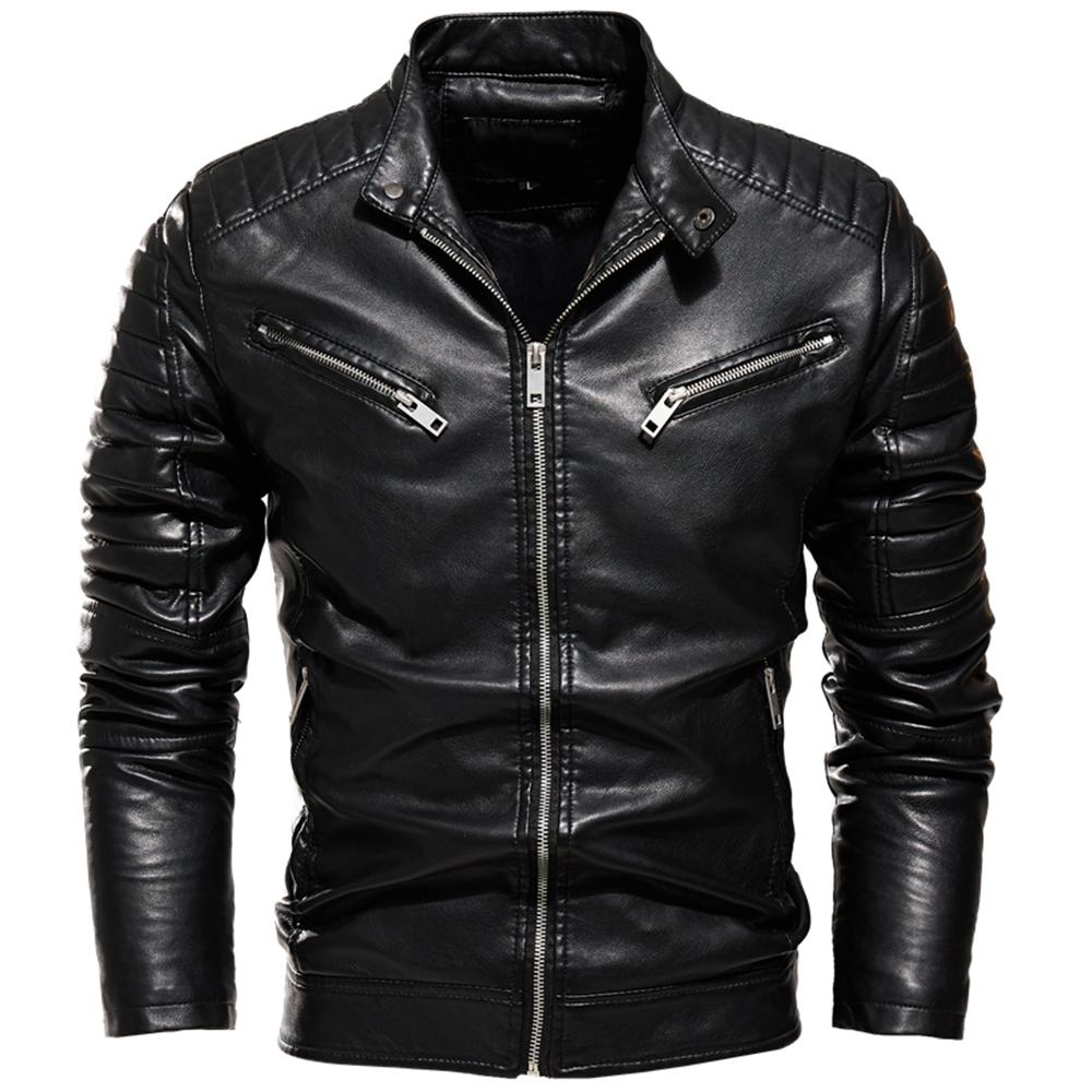 Winter Black Leather Jacket Men Fur Lined Warm Motorcycle Jacket Slim Street Fashion BLack Biker Coat Pleated Design Zipper