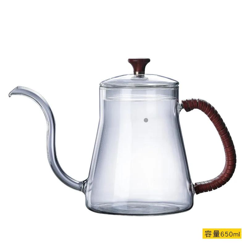 600ml Glass Coffee Pot With Wooden Handle Goose Beak Kettles Gooseneck Kettle Hand Drip Kettle Accessories Teapot Accessories