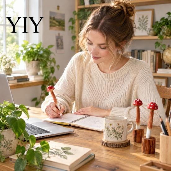 Fine Point Gel Pen Wood Carving Mushroom Pen, Shape Writing with Base, Student 0.5MM Smooth for Students School Office Desk Accessories