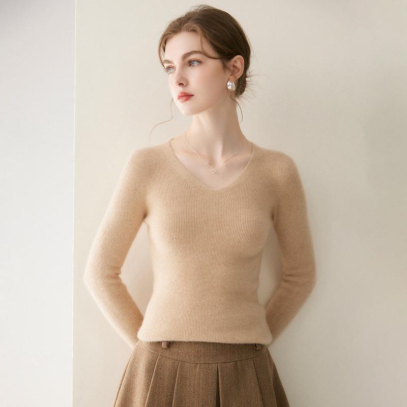 Women's 100% Pure Cashmere Crew/V-Neck Slim Fit Sweater - Soft, Skin-Friendly Knit for Autumn/Winter