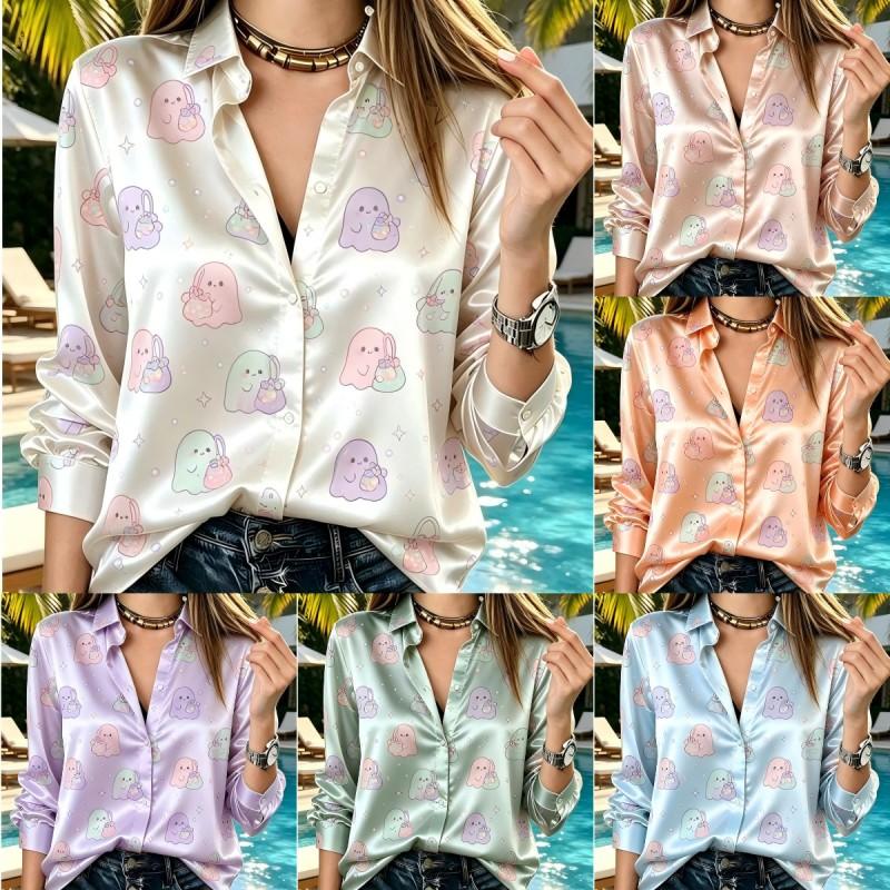 Women Satin Cute Cartoon Ghost Print Shirt Long Sleeve Lapel Button Down Blouse Halloween Vacation Casual Ladies Multi Color Top