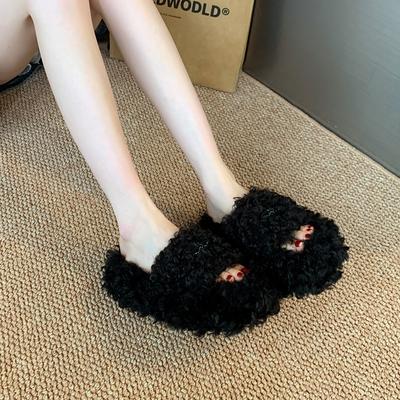 Корейская версия пушистых тапочек с перекрещенными ремешками, женские 2025 осень и зима, новая модная модель с открытым носком, на толстой подошве, на плоской подошве, хлопковые тапочки для женщин