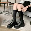 Krazing Pot Осенне-зимняя обувь из коровьей кожи, женские эластичные высокие сапоги до бедра на толстой подошве с круглым носком