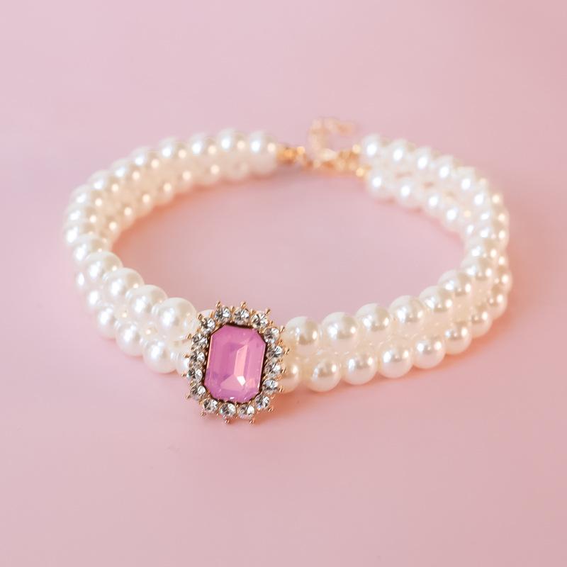 Pet Collar Cat Dog Pearl Necklace Double Stacked Premium Protein Gem Set with Rhinestones