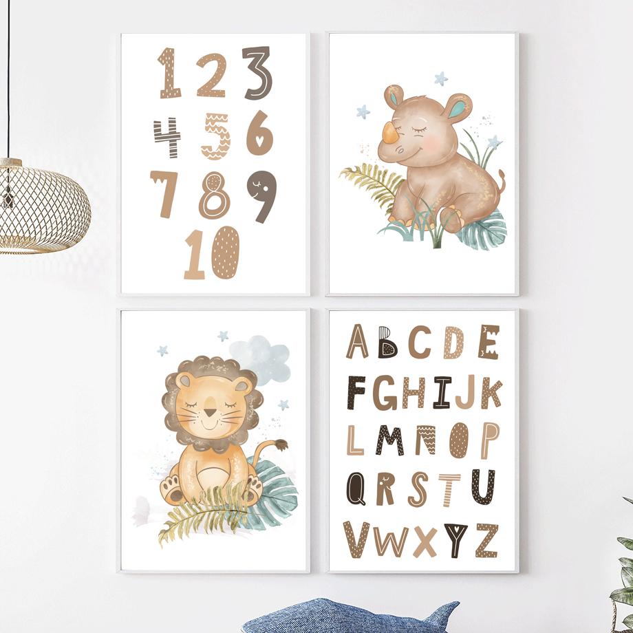 Жираф, носорог, лев, алфавит, номер, тропические листья, настенная живопись на холсте, постеры и принты, настенные панно для декора детской комнаты
