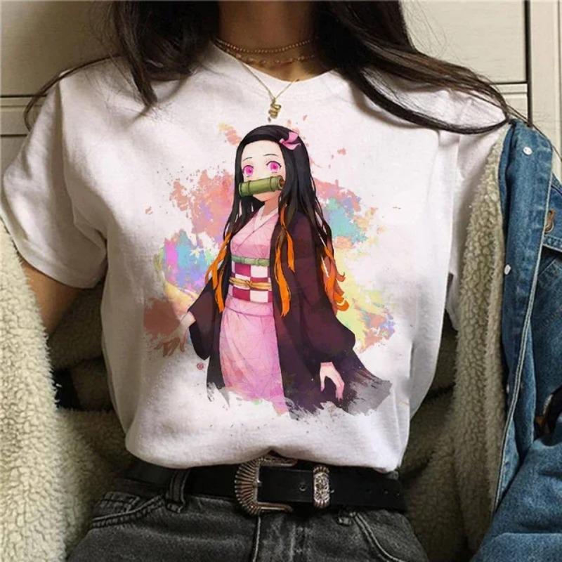 Japanese Anime T-shirt Demon Slayer Oversize Women Clothing Nezuko Kawaii Tees Tanjirou O-Neck Graphic Female Tshirt Manga Tops