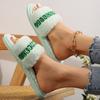 Fashion Rhinestone Fluffy House Slippers for Women 2025 Winter Warm Faux Fur Flat Slides Woman Open Toe One Strap Plush Slippers