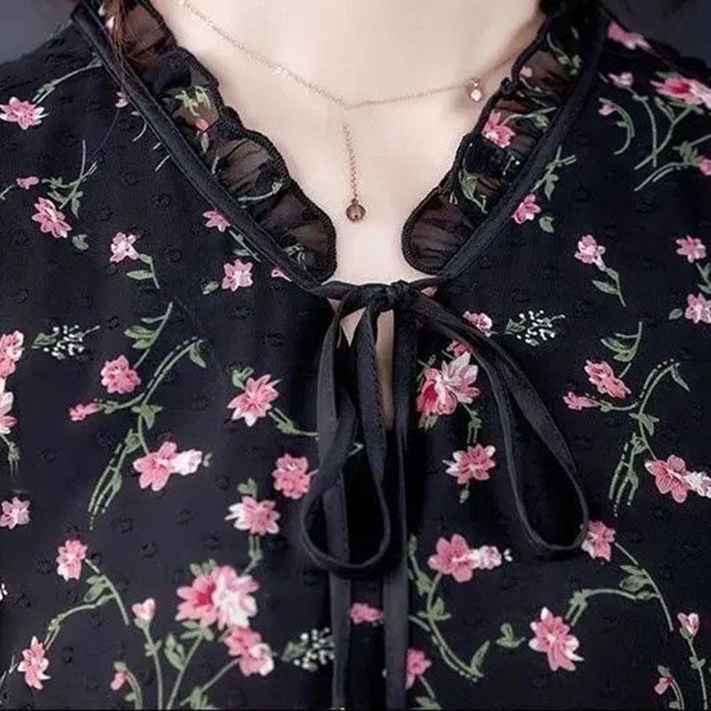 Черное шифоновое платье с принтом, женское темпераментное платье с цветочным принтом, дизайн талии, платье большого размера в стиле Харадзюку, весна-лето