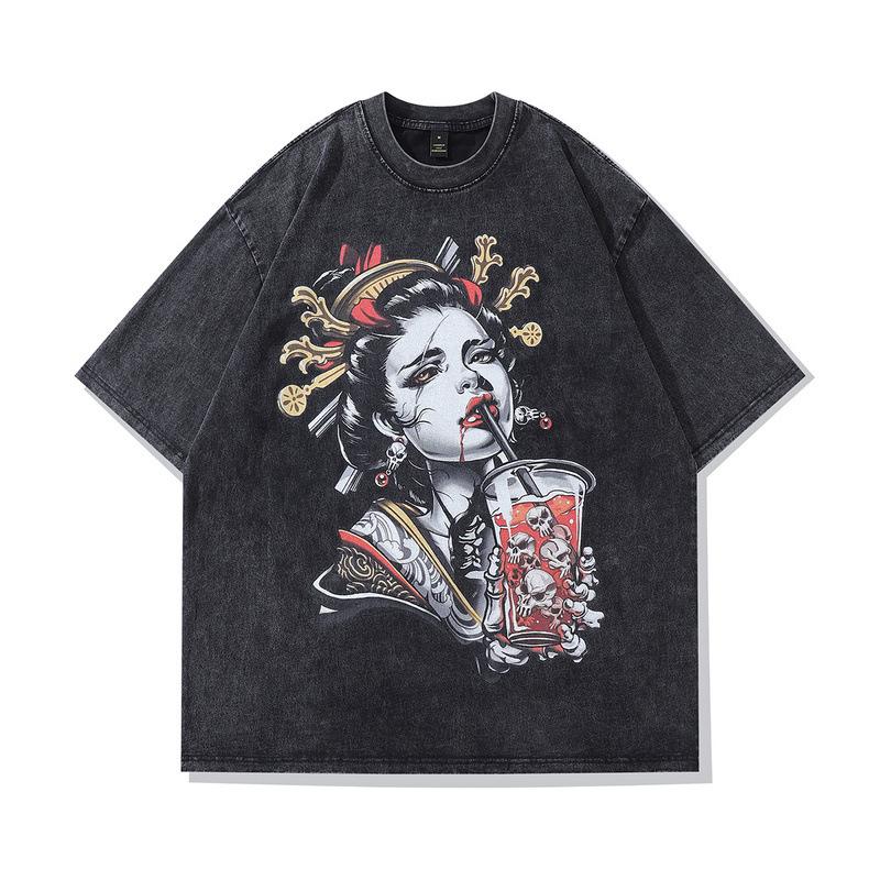 Hip Hop Gangster Washed Half-Sleeved T-Shirt Men'S European And American High Street Vintage Retro Loose Short-Sleeved Tee