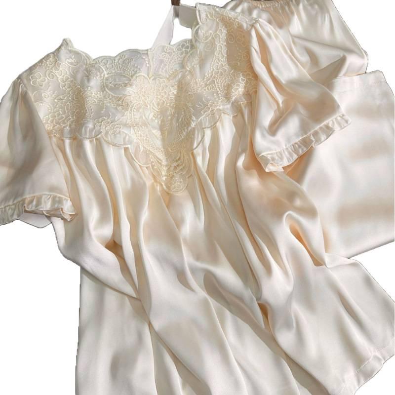 Ice and snow silk new high-end pajamas women's summer sexy lace embroidered long-sleeved pajamas loungewear large size over the knee
