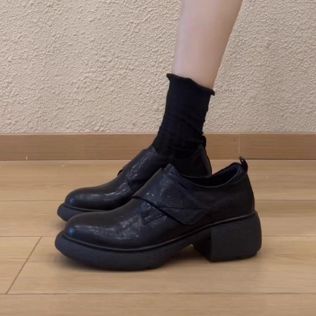 Leather Version~ Thick-soled Non-slip Small Leather Shoes Women's British Style High-end Black Single Shoes Classic Round Head Loafers