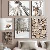 Winter Scenery Picture Canvas Painting Wall Art Elk Animal Wood Pine Forest Poster and Print for Modern Home Living Room Decor