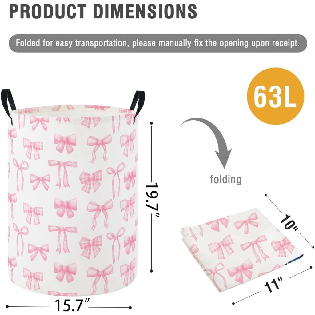 Girls Laundry Hamper Basket, Pink Bowknots