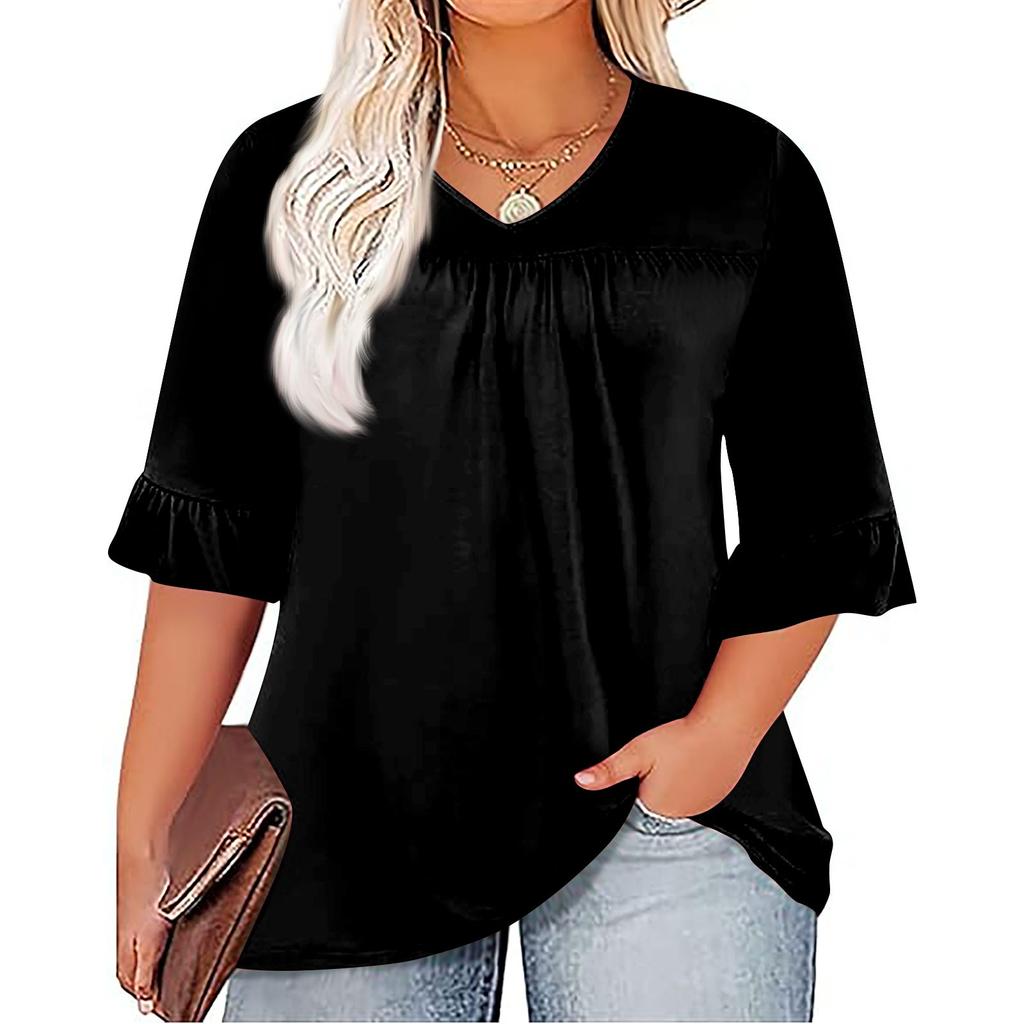 Женская модная повседневная однотонная футболка с v-образным вырезом и принтом, плиссированная футболка с рукавами семь минут, топы больших размеров