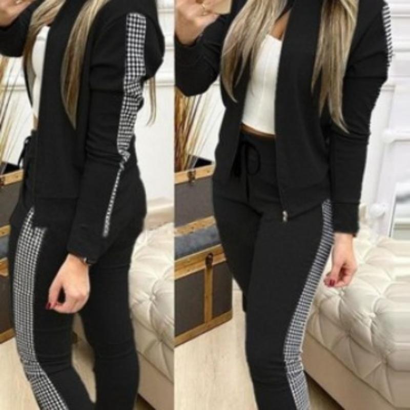 Осень   Женский Длинный Спортивный Костюм для Отдыха - Клетчатый Комплект Пэчворк с Отделкой Молниями