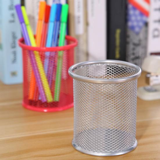 Round/Square Iron Mesh Pen Holder Office Desktop Pencil Stationery Box Case