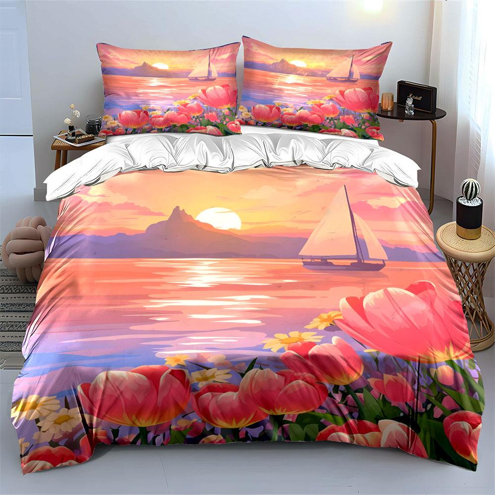 Sailing Sunset Floral Art Decor Bedding Set with 1 Duvet Cover 2 Pillowcases Single Double King Queen, Gift