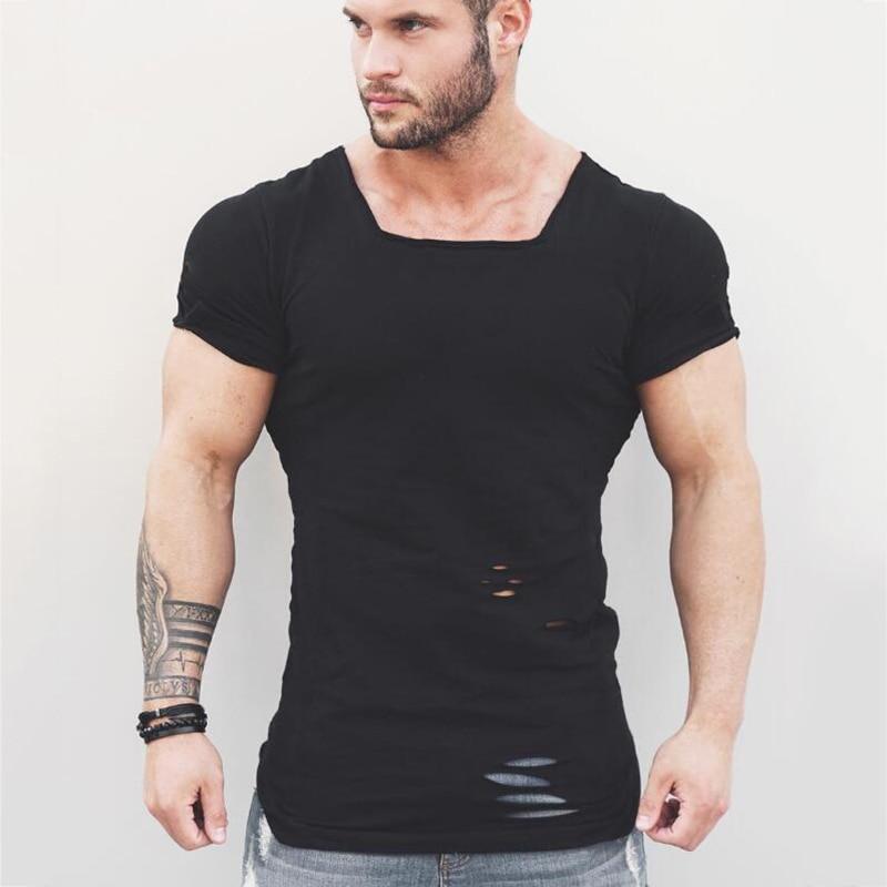 Muscleguys Новая однотонная футболка для бега в тренажерном зале, тонкая однотонная футболка с короткими рукавами, спортивная хлопковая одежда с квадратным воротником, мужская рваная футболка для фитнеса