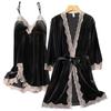 Golden velvet pajamas women's autumn and winter high-end long-sleeved nightgown sexy lace v tie chest pad suspender nightdress set