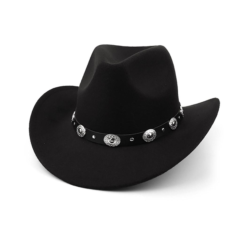 Womens Felt Western Cowboy Hats Studded Pinched Western Cowgirl Hats Wide Brim Retro Fedoras Hat Belt Buckle Vacation Party Hat