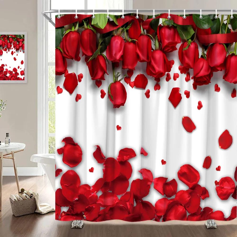 Занавеска для душа на День святого Валентина, Сердце из роз, Романтическое растение, Любовь, Губная помада, Полиэстер, Принт, Украшение для ванной комнаты