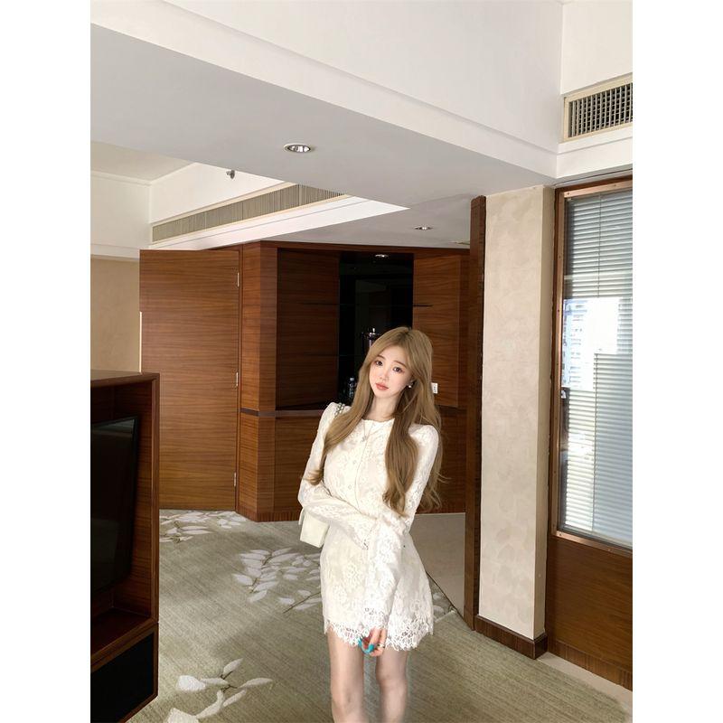 Kumikumi High-Grade Sense Lace Stitching Long Sleeve Shirts Women Autumn High Waist Slimming Skirt Two Piece Skirt