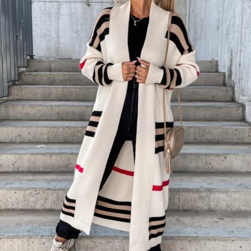 Осень-зима вязаный кардиган женский полосатый лоскутный 2022 элегантная свободная длинная верхняя одежда макси Y2k свитер пальто мягкая куртка