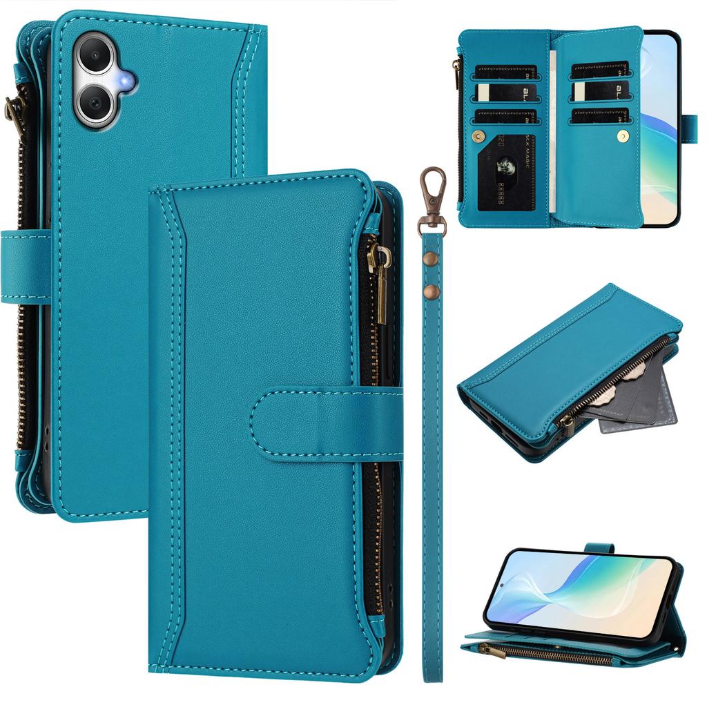 For Samsung Galaxy A06 4G/Galaxy A06 5G Leather Case 9 Card Slots Zipper Wallet Stand Phone Cover with Wrist Strap