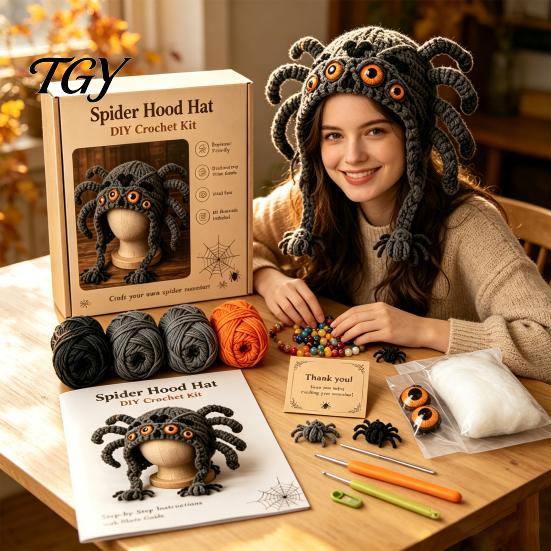 Highland Cow Craft Set Hat Crochet Kit, Halloween Pumpkin Spider Hood Easy Step by Tutorial DIY Handmade Kit for Adults Teens Beginner Supplies