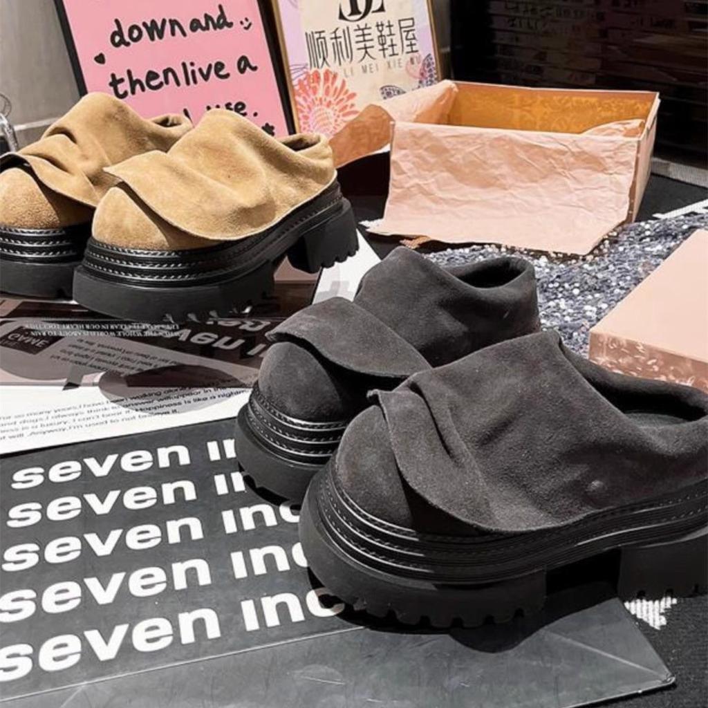 Frosted Leather Platform Boken Shoes Mop 2025 Spring New Retro Muffin Sole Slippers Casual Loafer Fashion Women's Shoes