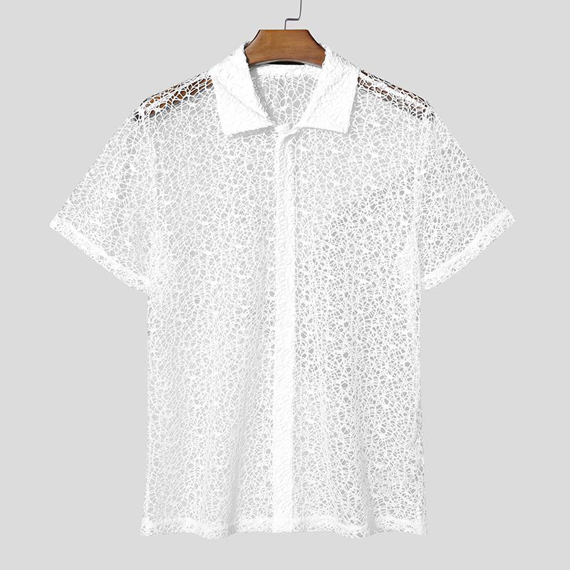 INCERUN Мужские летние пляжные рубашки с коротким рукавом из вязаной крючком ажурной пряжи