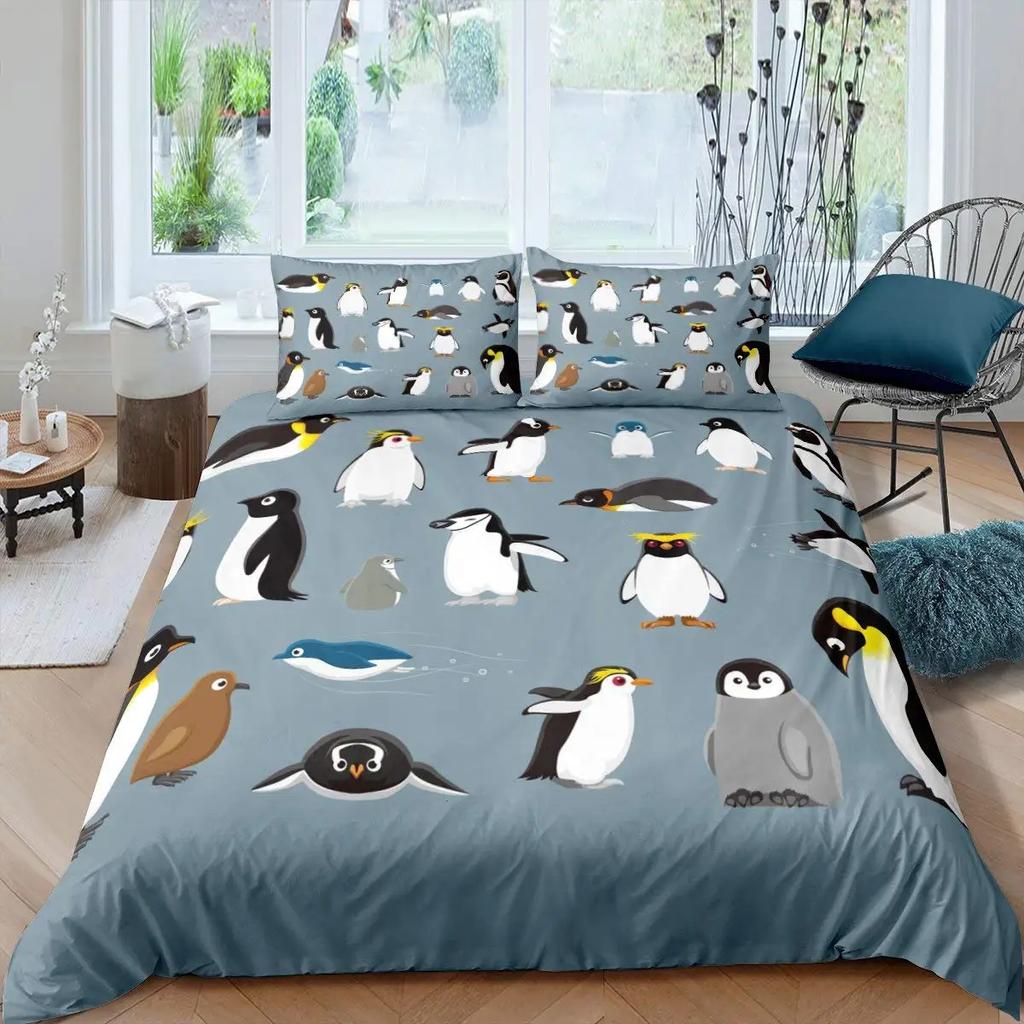 Penguin Duvet Cover Set Antarctic Animals Bedding Set For Kids Boys Girls Cartoon Style King Size Winter Theme Comforter Cover