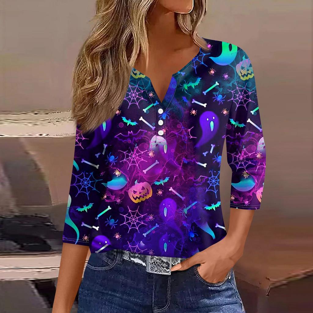 Женские топы с рукавом 3/4 с цветочным принтом на Хэллоуин, винтажные модные повседневные свободные рубашки с v-образным вырезом, рубашки больших размеров