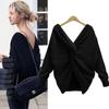 Women Autumn Winter V-neck Sweater Sexy Backless Reversible Pullovers Tops Fashion Solid Irregular Cross-knotting Knitwear