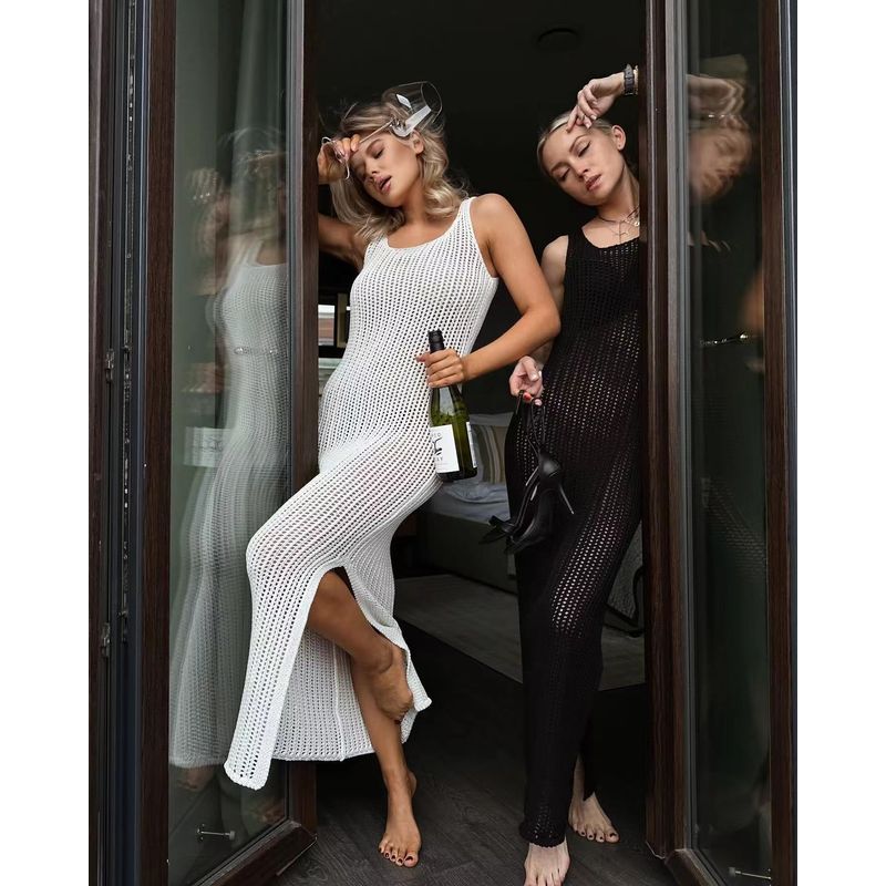 European and American Summer Solid Split Sexy Knitted Cut-out Dress Sexy Knitted Hollow Dress