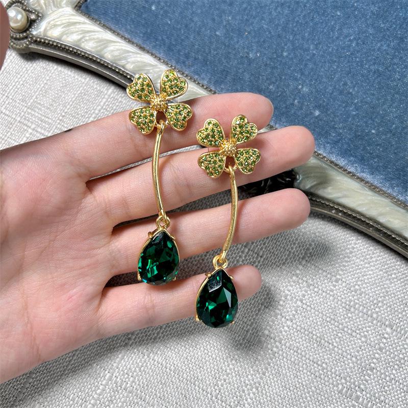 Серьги-подвески Osc Retro Gold с изогнутым крючком, в виде четырехлистного клевера и зеленого бриллианта-капли для женщин