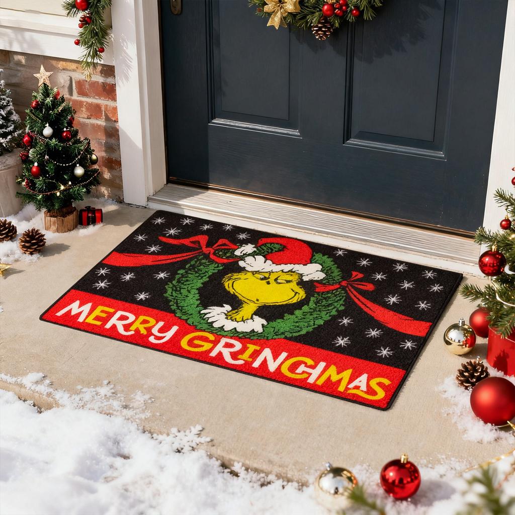 Christmas Cartoon Character Decorative Front Door Mat, Green Xmas Welcome Doormat Indoor Outdoor Non- Floor Entryway Rug, Funny Winter Holiday Home K