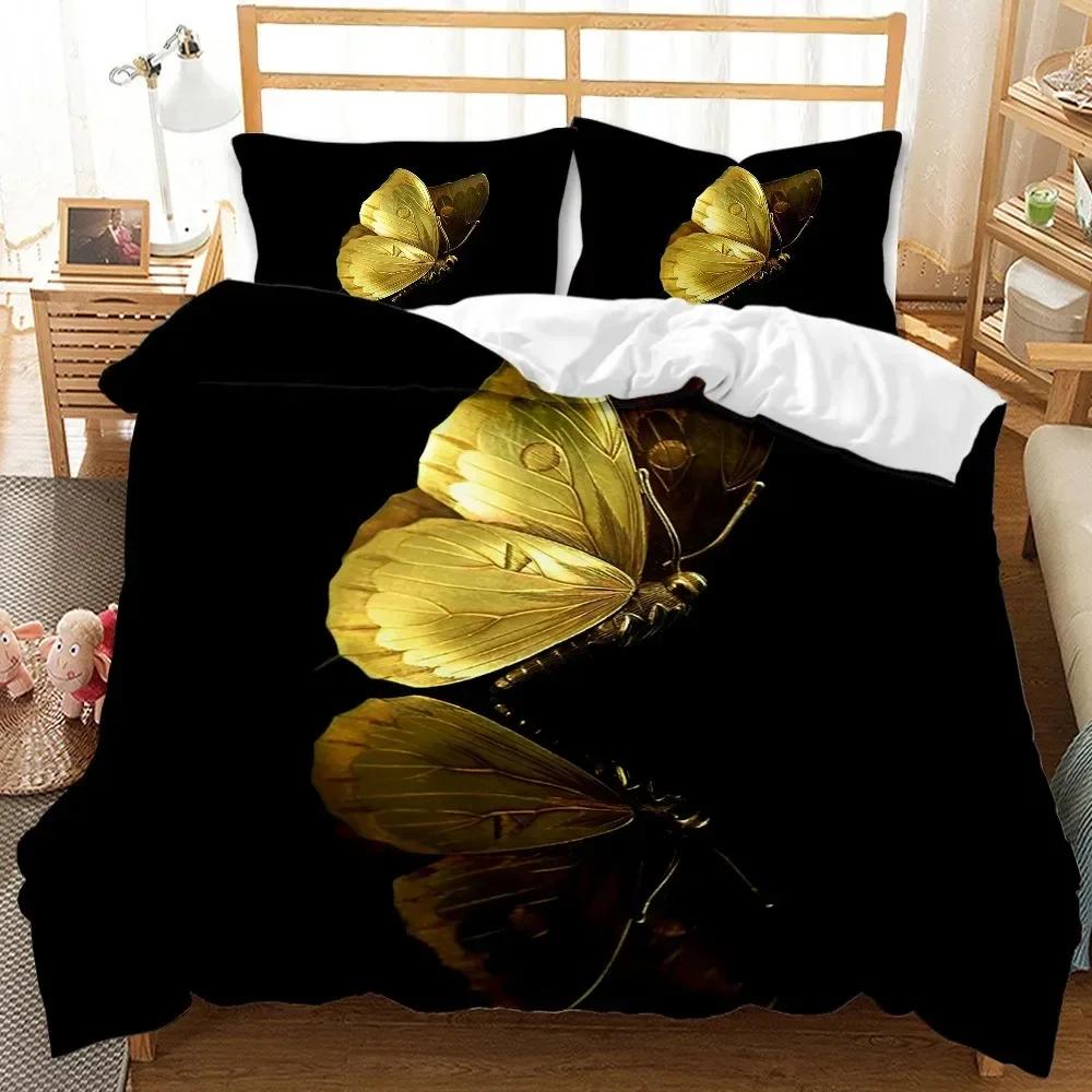 Golden Butterfly Pretty Blue Comfortable Duvet Quilt Cover Pillowcase Bedding Set Children Bedroom Decoration Home Textile