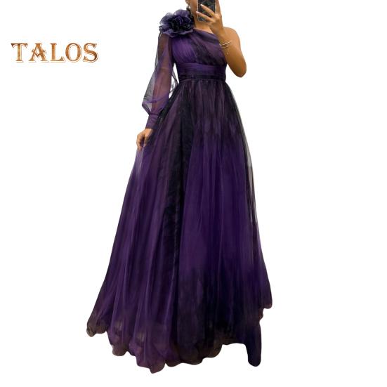 Женское вечернее платье с 3D-цветочным декором на одно плечо, плиссированное, сетчатое, банкетное платье, одно плечо, длинный рукав, тонкая талия, А-силуэт, длина до пола, разрез, подол, шар