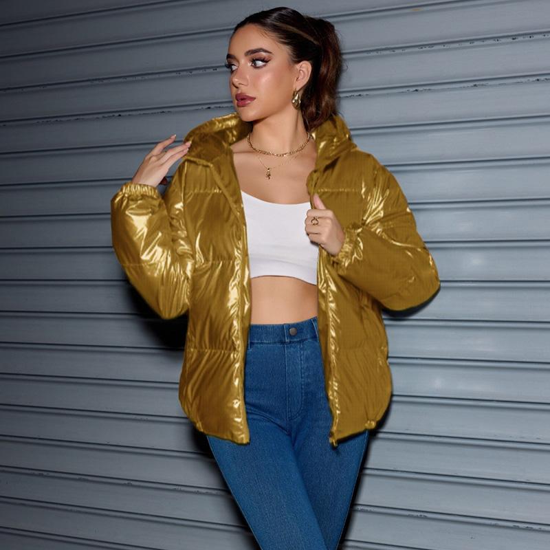 Зимняя модная блестящая куртка-пуховик с капюшоном для женщин с длинным рукавом, однотонная, облегающая, теплая, хлопковая куртка-парка