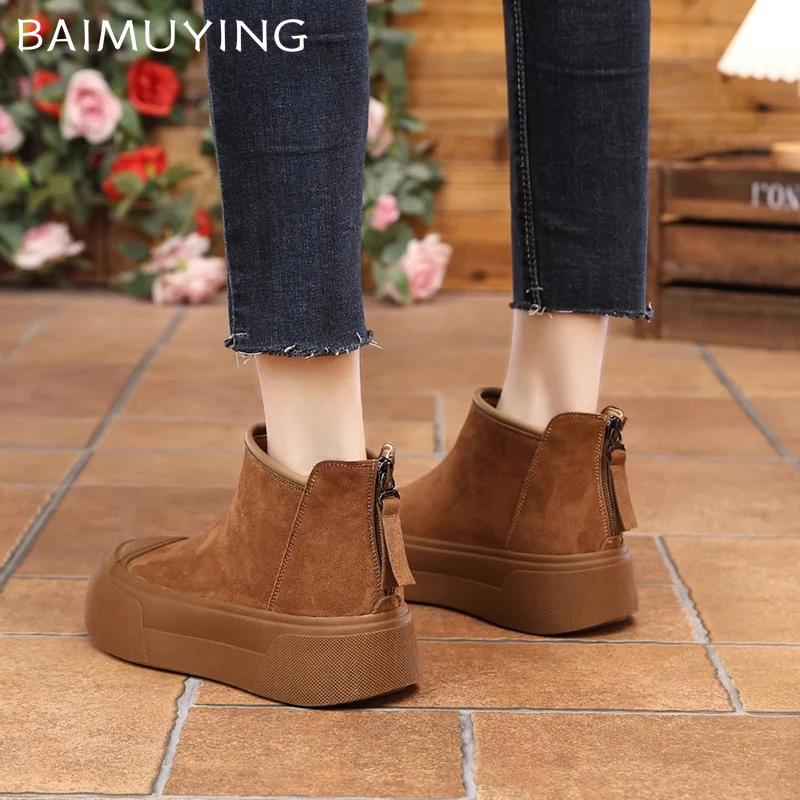 Suede Platform Women Snow Ankle Boots Designer Zippers Short Plush Mid Heels Cotton Shoes 2025 Trend Walking Winter Botas Mujer