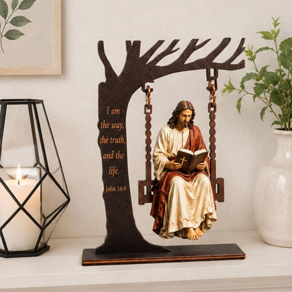 Tree Shape Figure Reading on the Swing Freestanding Base Shelf Decoration Christian Table Decor