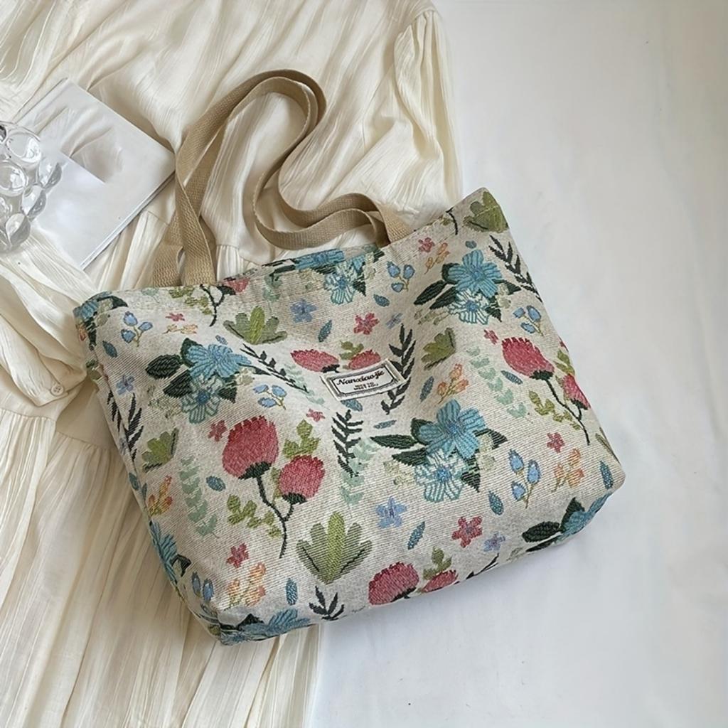 Large Floral Canvas Handbag with Shoulder Straps for Commuters and Students