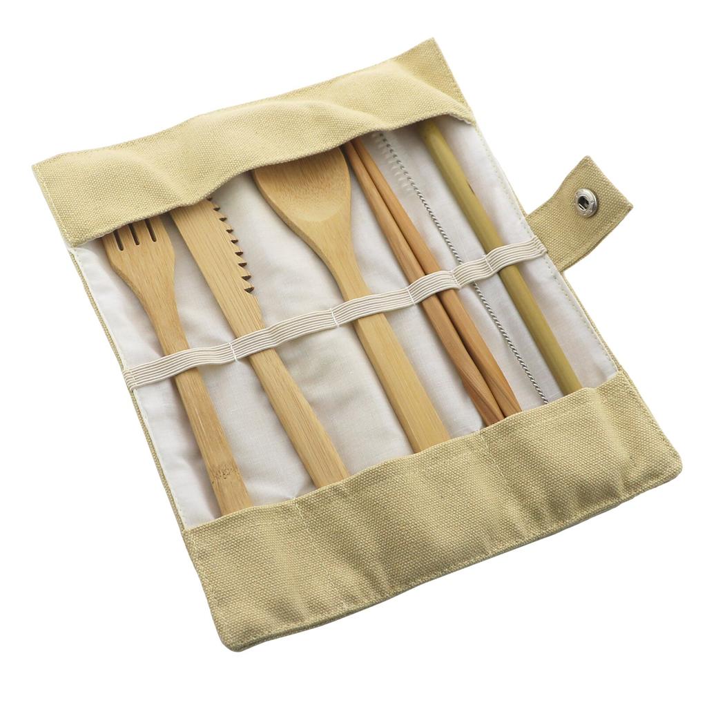 Suit 7pcs Portable Travel Cutlery Ecofriendly Fork Spoon Set Include Reusable Bamboo Slice Chopsticks Straw Cleaning Brush Set