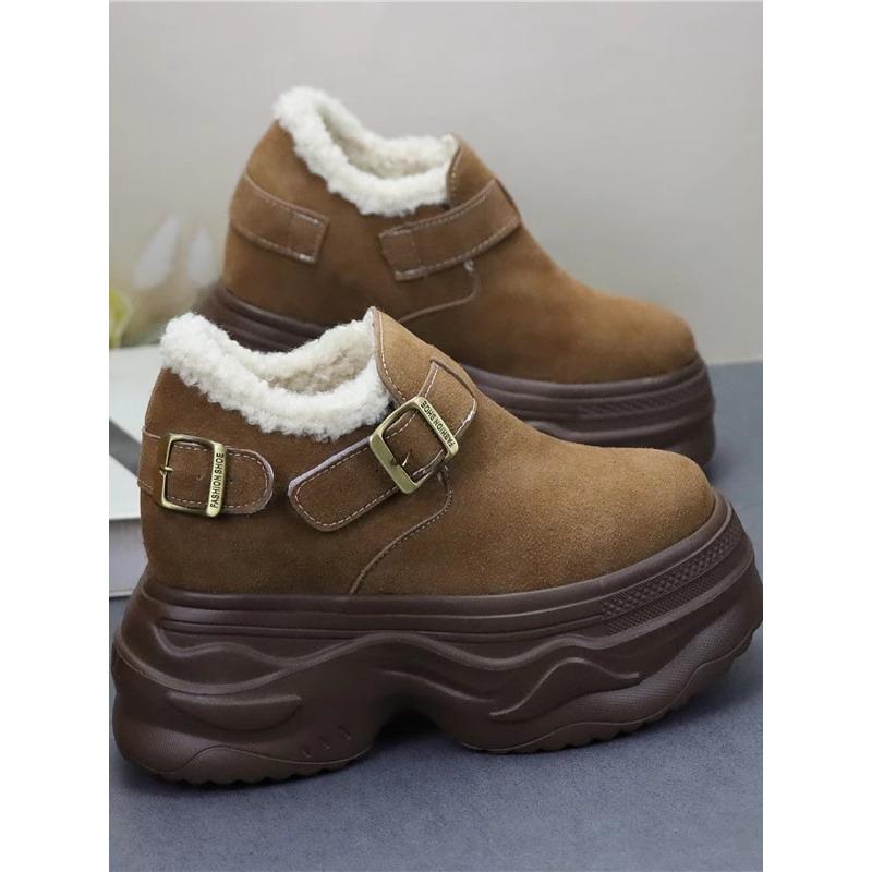 Мода 12СМ Замша Микрофибра Кожа Мода Плюшевые Осенние Сапоги Весна Женские Ботильоны Платформа Танкетка Плоские Зимние Сапоги-трубы