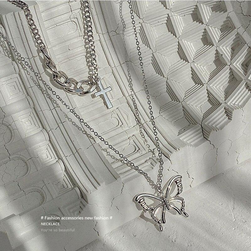 Двухслойное ожерелье с крестом и бабочкой, новое женское легкое роскошное нишевое дизайнерское решение Sense Ins, хип-хоп, ключичная цепочка