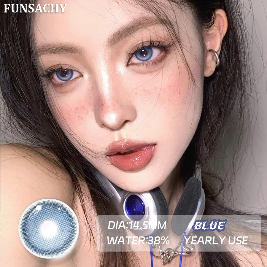 FUNSACHY2pcs Brown Colored Contacts Lenses with Myopia 0~-8.00 Degree Yearly Beauty Cosmetic Makeup Pupils 14.5mm Blue Eye Lens